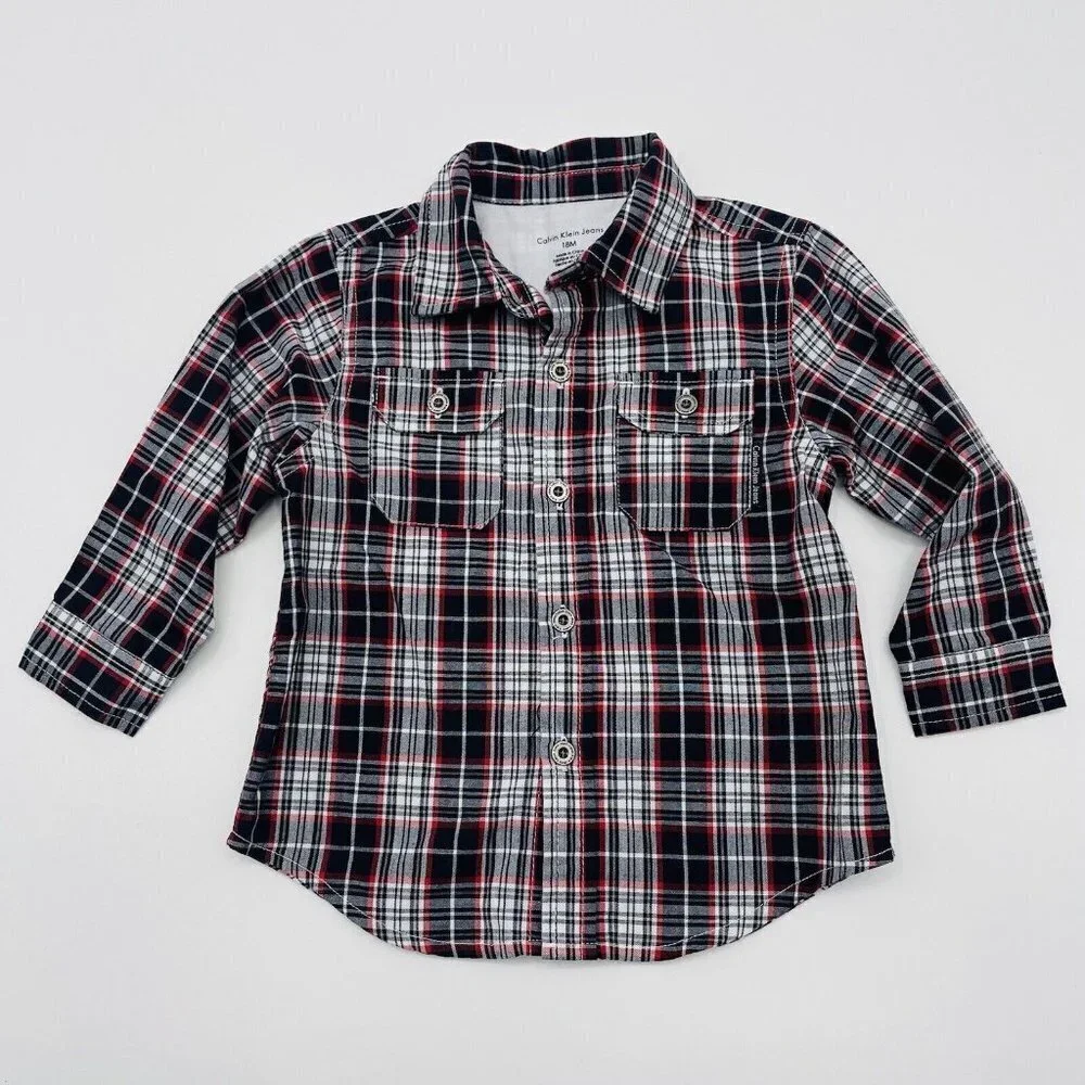 Calvin Klein Jeans Baby Boys 18 Months Plaid Long Sleeve‎ Button Down Shirt 1293